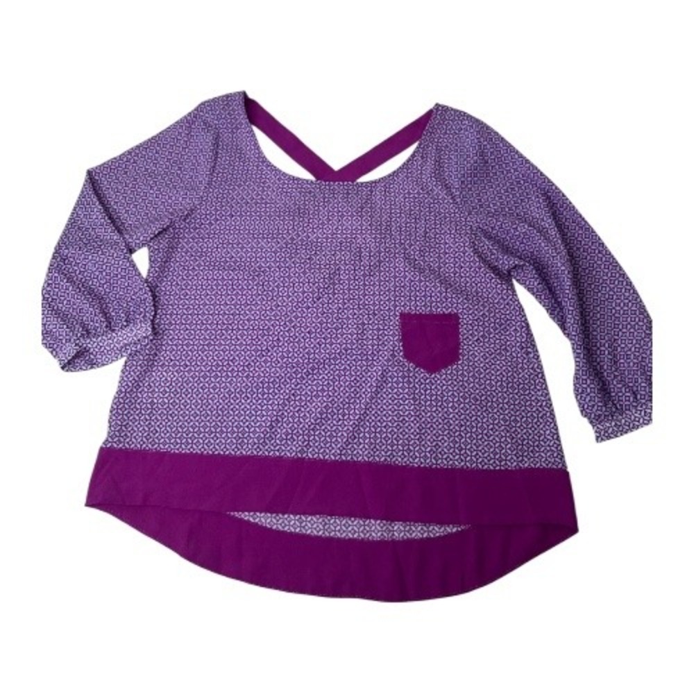 BCBGeneration Purple Pattern Blouse Criss‎ Cross Back Long Sleeve Top Large